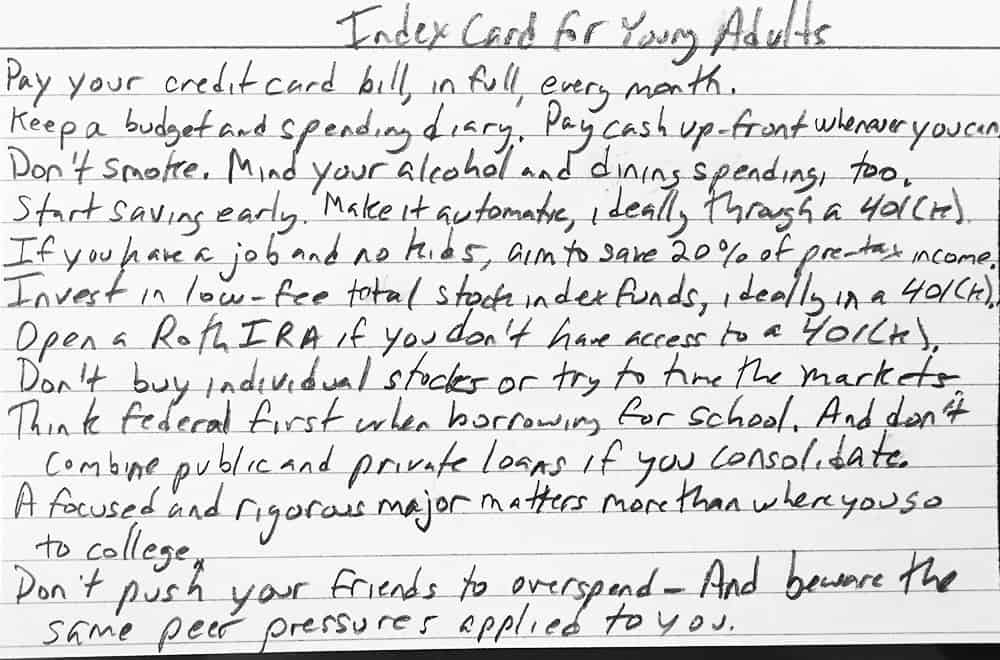 Index card for young adults